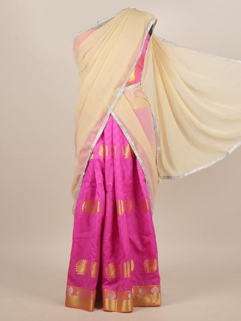 

Pothys Cream-Coloured & Pink Ethnic Motifs Zari Half Saree