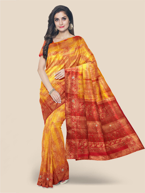 

Kalamandir Orange & Red Ethnic Motifs Beads and Stones Silk Blend Banarasi Saree