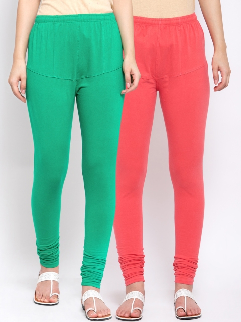 

KLOTTHE Women Pack Of 2 Solid Churidar-Length Cotton Leggings, Sea green