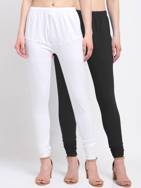 

KLOTTHE Women Pack of 2 Solid Cotton Churidar-Length Leggings, Black