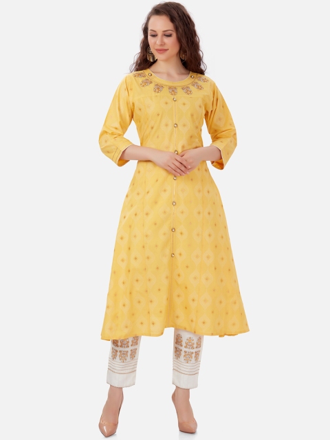

Kiana Women Yellow Ethnic Motifs Yoke Design Pure Cotton Kurta with Pants