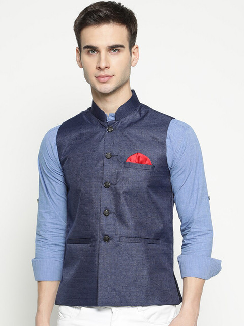 

V2 Value & Variety Men Navy Blue Solid Woven Pure Cotton Nehru Jacket
