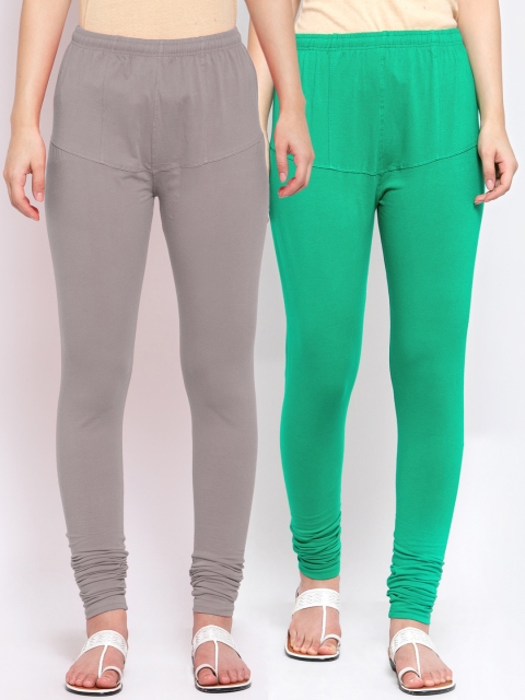 

KLOTTHE Women Pack Of 2 Solid Churidar-Length Cotton Leggings, Green