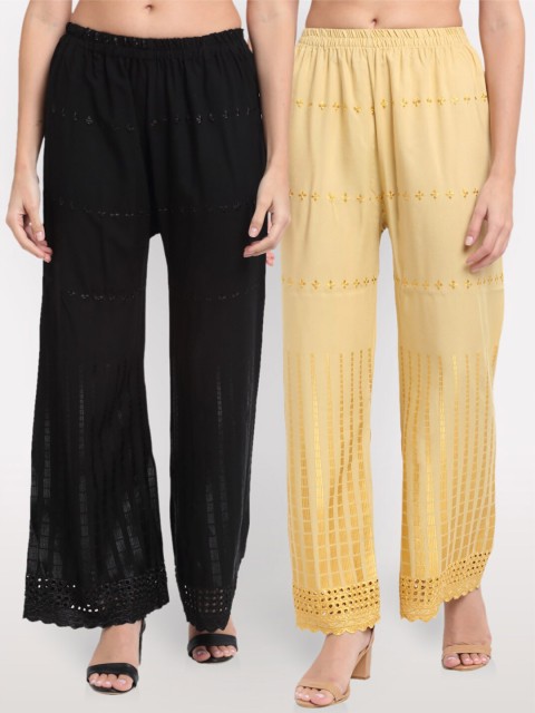 

NEUDIS Women Black & Beige 2 Ethnic Motifs Embroidered Ethnic Palazzos