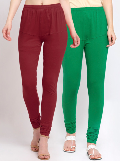 

KLOTTHE Women Pack Of 2 Maroon & Green Solid Churidar-Length Cotton Leggings