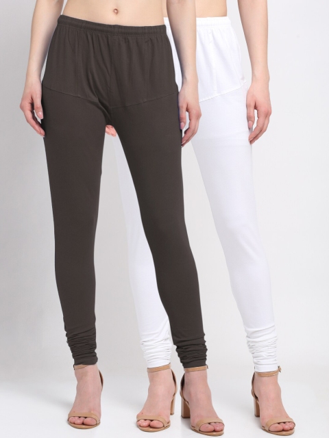 

KLOTTHE Women Pack of 2 Solid Cotton Churidar-Length Leggings, Brown