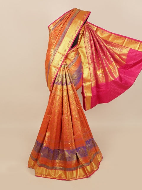 

Pothys Orange & Gold Ethnic Motifs Zari Woven Design & Stone Work Detail Silk Blend Saree