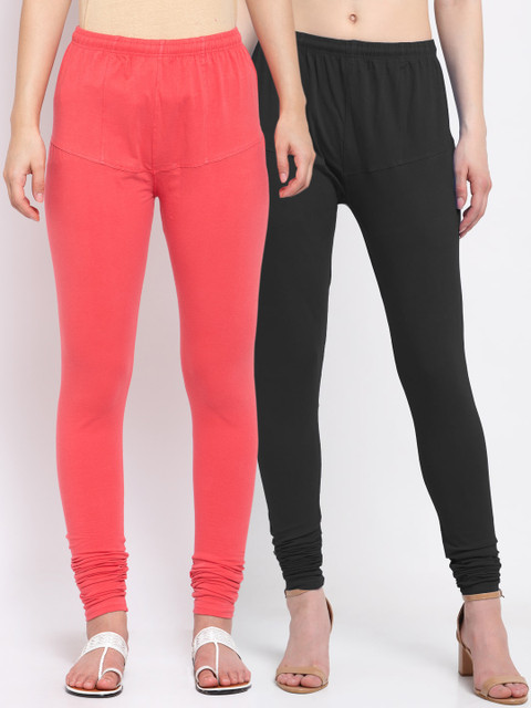 

KLOTTHE Women Pack Of 2 Black & Coral Pink Solid Churidar-Length Cotton Leggings