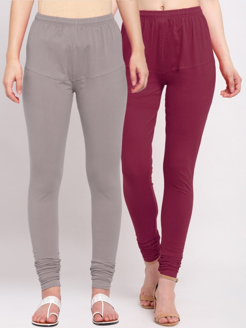 

KLOTTHE Women Pack Of 2 Solid Cotton Churidar-Length Leggings, Maroon
