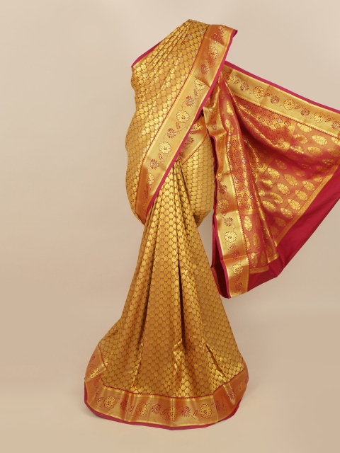 

Pothys Gold & Orange Floral Zari Woven Design & Stone Work Detail Silk Blend Saree