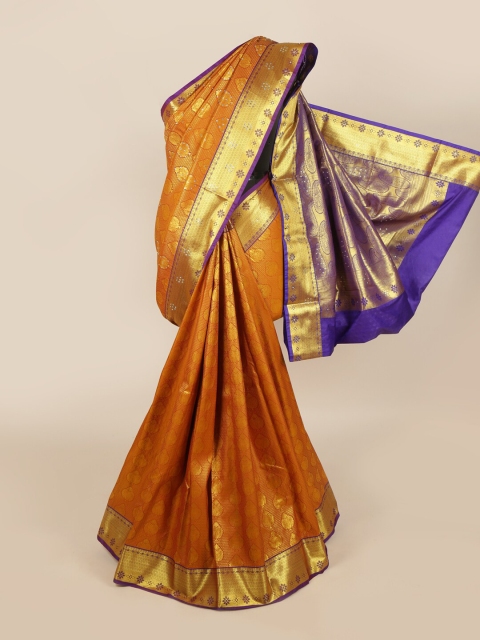 

Pothys Mustard Yellow & Purple Ethnic Motifs Zari & Stone Work Detail Silk Blend Saree
