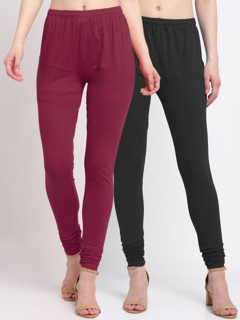 

KLOTTHE Women Pack of 2 Black & Maroon Solid Cotton Churidar-Length Leggings