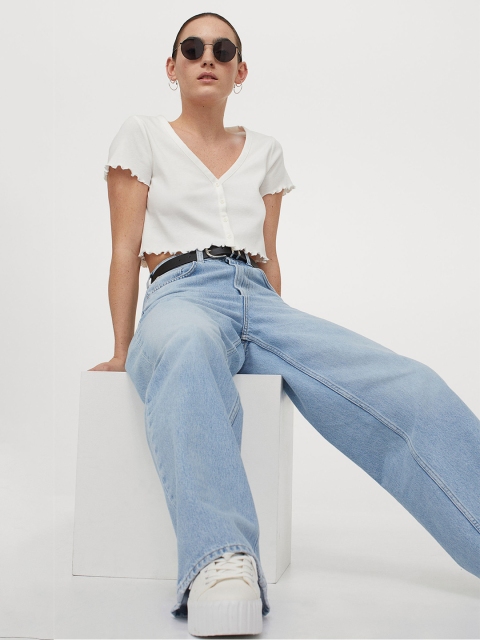 

H&M White Button-Front Pure Cotton Cropped Top