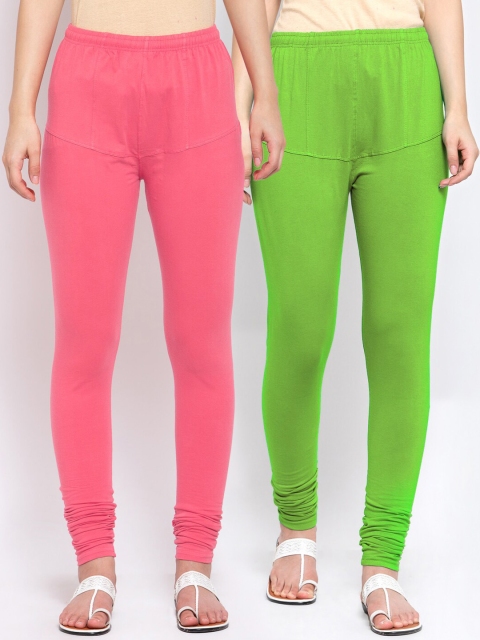 

KLOTTHE Women Pack Of 2 Solid Cotton Churidar-Length Leggings, Green