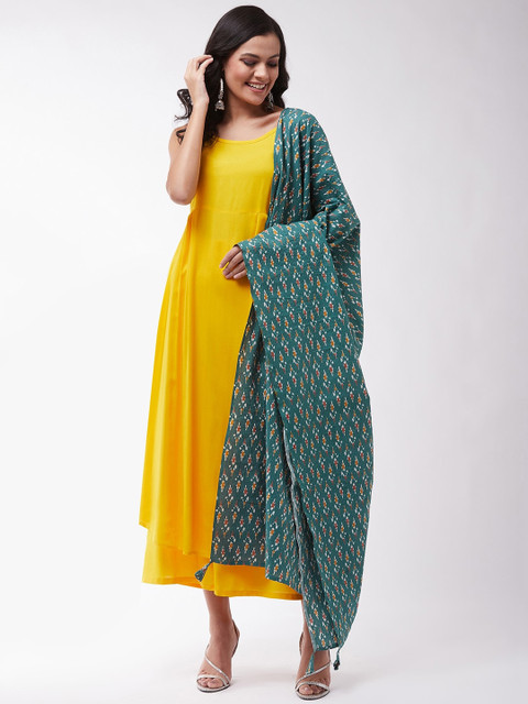 

InWeave Women Yellow Strappy Kurta with Palazzo & Kantha Embroidered Dupatta