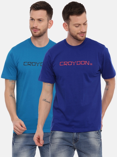 

CROYDON Pack of 2 Men Typography Applique Slim Fit T-shirt, Blue