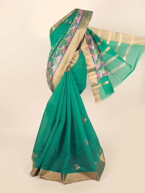 

Pothys Sea Green & Gold-Toned Floral Zari Silk Cotton Saree