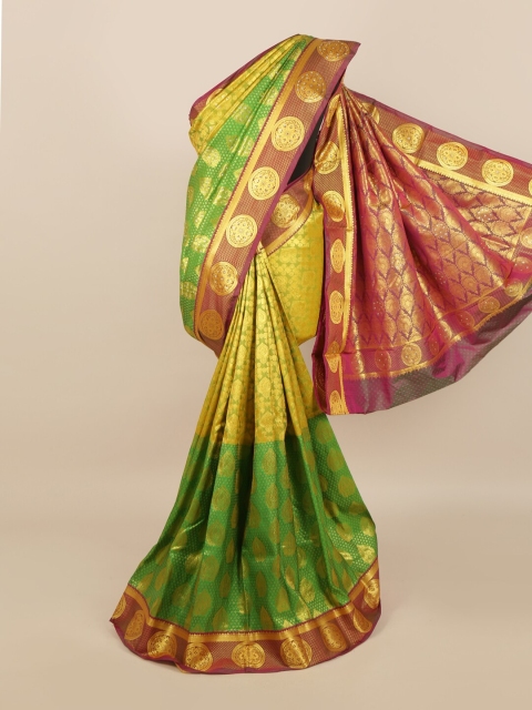 

Pothys Green & Gold Ethnic Motifs Zari Woven Design & Stone Work Detail Silk Blend Saree