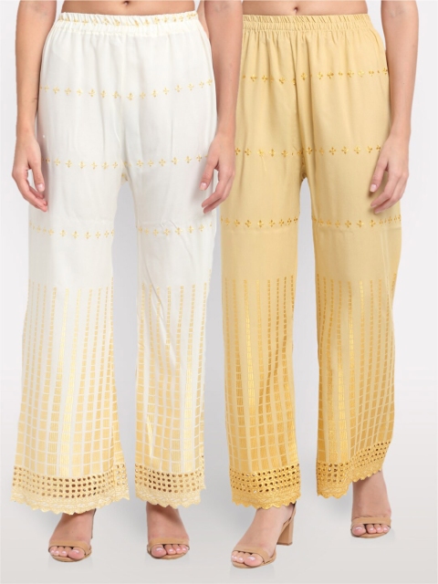 

NEUDIS Women White & Beige 2 Floral Embroidered Ethnic Palazzos