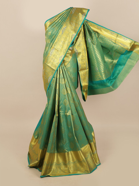 

Pothys Green & Gold Ethnic Motifs Woven Design & Stone Work Detail Silk Blend Saree