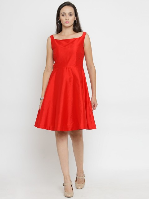 

Just Wow Red Solid Silk Fit & Flare Dress