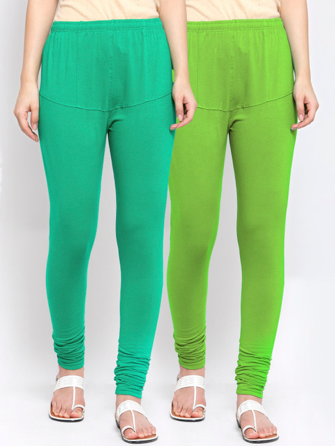 

KLOTTHE Women Pack Of 2 Solid Churidar-Length Cotton Leggings, Green
