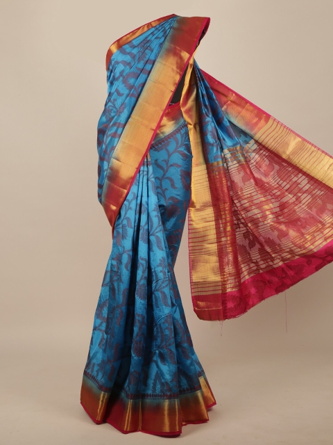 

Pothys Blue & Gold-Toned Floral Zari Jute Silk Saree