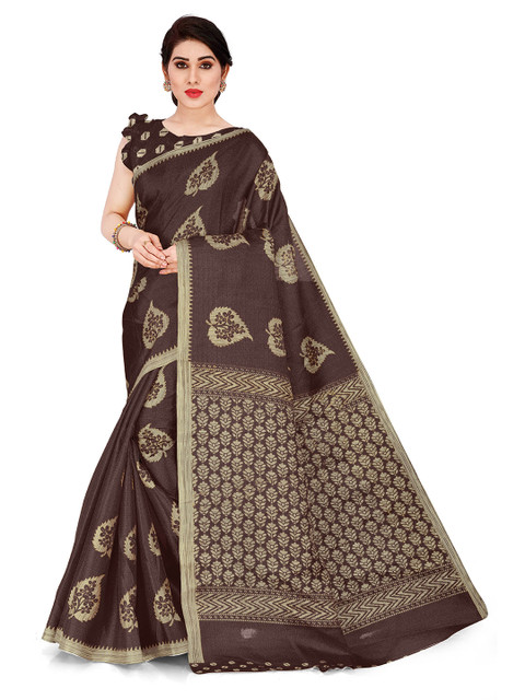 

KALINI Coffee Brown & Beige Ethnic Motifs Art Silk Block Print Saree