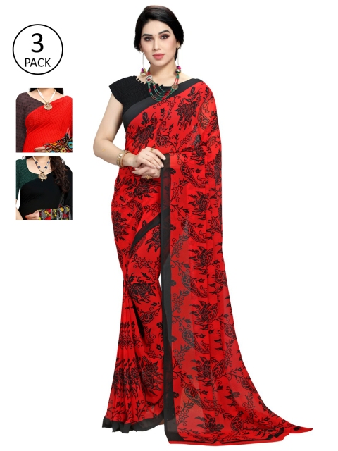 

KALINI Pack of 3 Printed Saree, Red