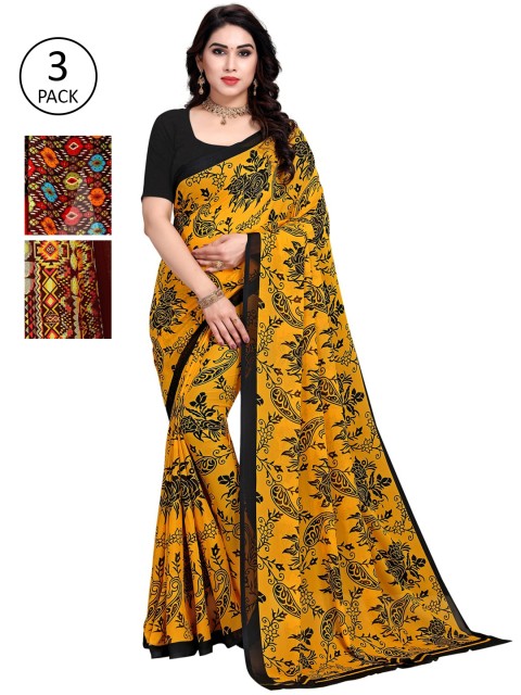 

KALINI Pack Of 3 Ethnic Motifs Printed Sarees, Yellow
