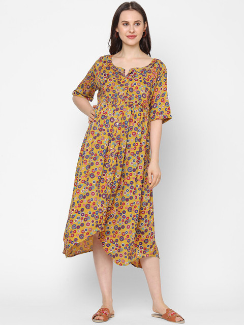 

MomToBe Women Mustard Yellow Conversational Print A-Line Midi Maternity Dress
