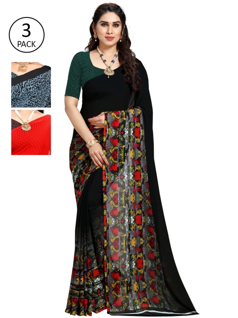 KALINI Pack Of 3 Black & Grey Floral Saree