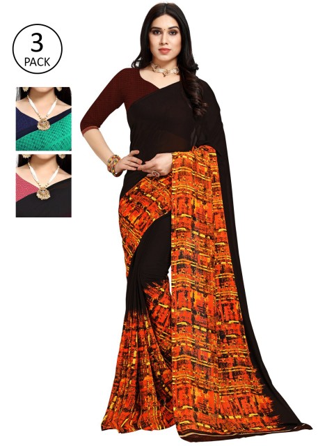 

KALINI Pack Of 3 Printed Sarees, Black