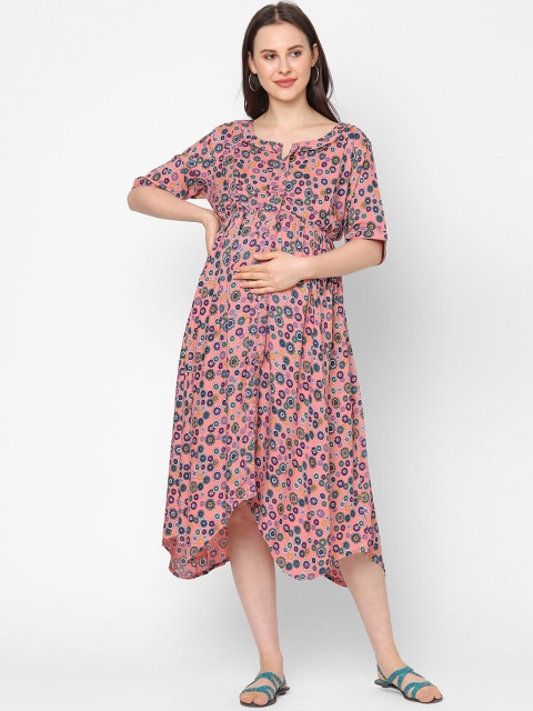 

MomToBe Women Peach-Coloured Conversational Printed Midi Maternity Dress