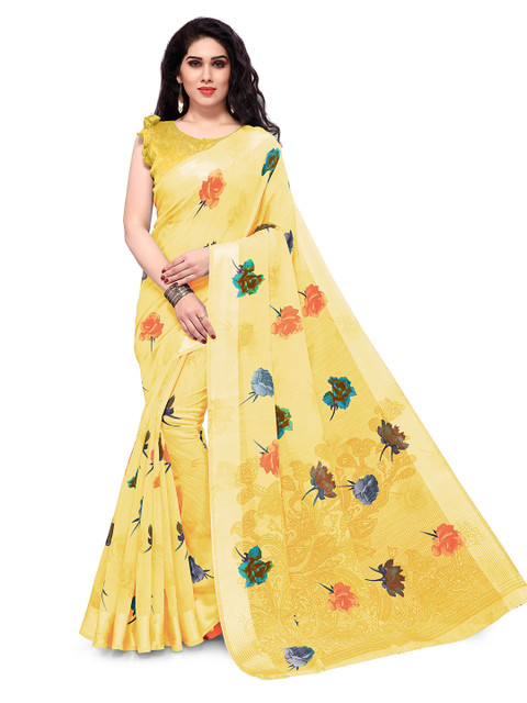 

KALINI Yellow & Multicoloured Floral Printed Zari Bagh Saree
