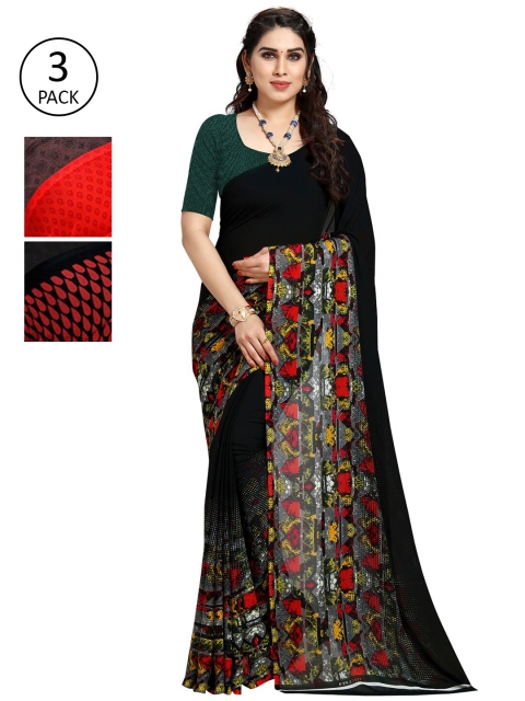 

KALINI Pack of 3 Poly Georgette Saree, Red
