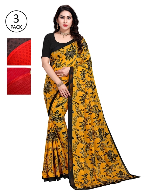 

KALINI Pack Of 3 Printed Sarees, Yellow