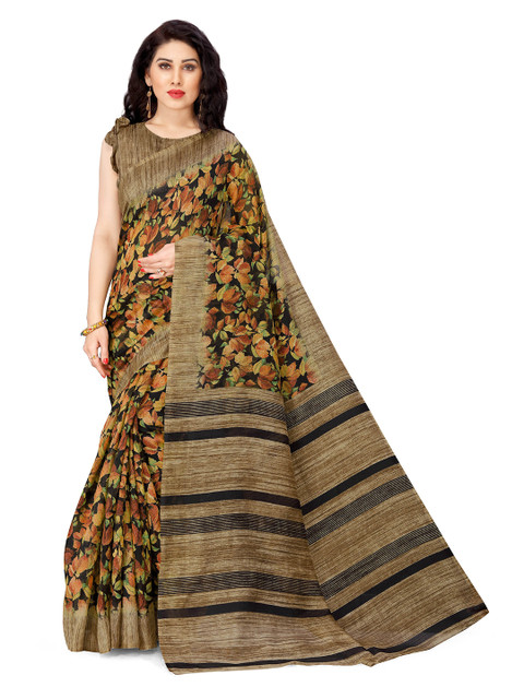 

KALINI Black & Orange Floral Art Silk Bagh Saree