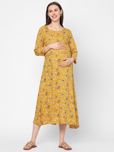 

MomToBe Women Yellow Floral A-Line Midi Maternity Dress