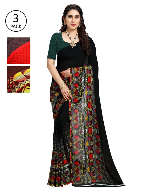 

KALINI Pack of 3 Printed Sarees, Black