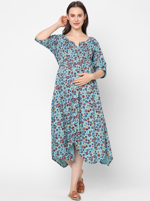 

MomToBe Women Blue Conversational Printed Midi Maternity Nursing Dress
