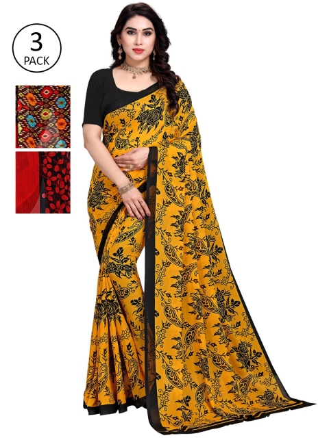 

KALINI Pack Of 3 Printed Sarees, Yellow