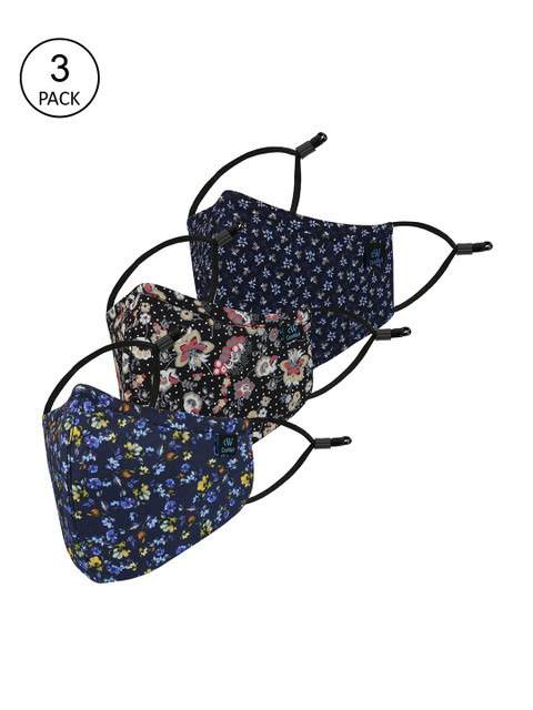 

CENWELL Unisex Pack Of 3 Printed 6-Ply Reusable Pure Cotton 3D Cloth Masks, Navy blue