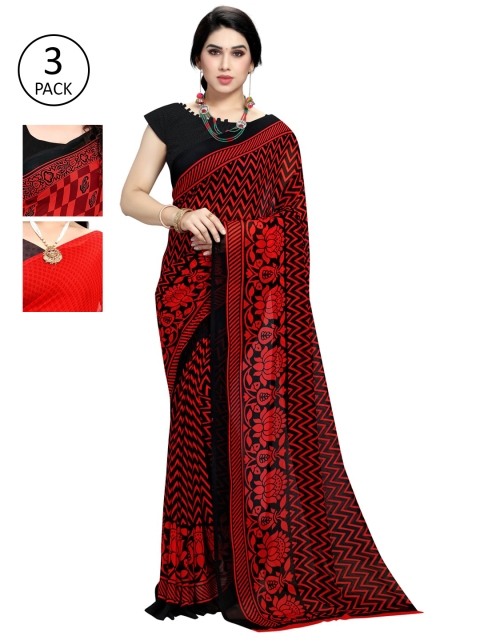 

KALINI Pack of 3 Printed Sarees, Red
