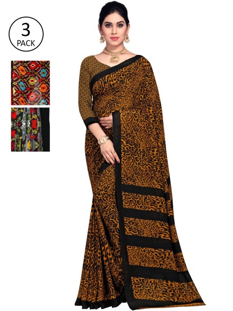 

KALINI Pack Of 3 Printed Poly Georgette Sarees, Black