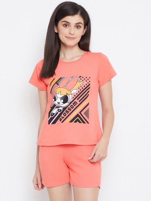 

Clovia Women Peach Graphic Printed T-shirt & Shorts Set