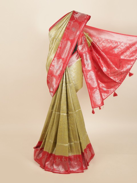 

Pothys Cream-Coloured & Red Ethnic Motifs Jute Silk Saree