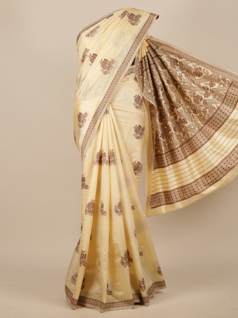 

Pothys Cream-Coloured & Brown Floral Jute Silk Saree