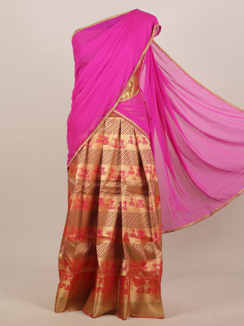 

Pothys Pink & Gold Coloured Woven Design Zari Half Lehenga Saree
