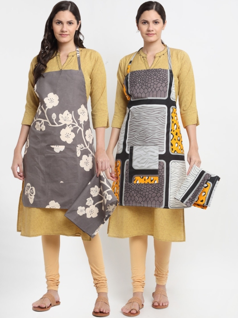 

NEUDIS Pack Of 2 Grey & Black Printed 210TC Apron With Front Centre Pocket & Napkin
